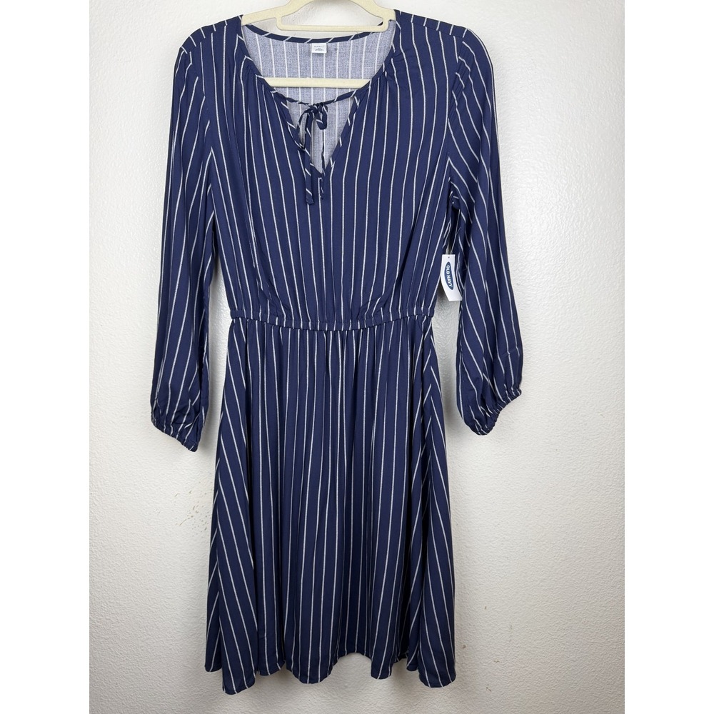 NWT Old Navy Navy/White Striped 3/4 Sleeve Keyhole Fit & Flare Dress Size XS